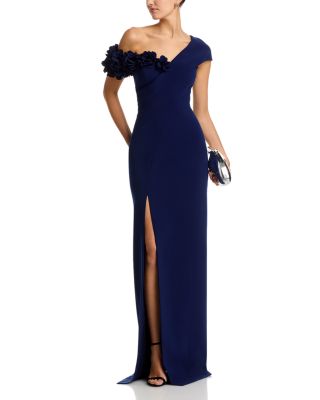 Stretch Crepe 3D Flower Asymmetric Neck Gown 