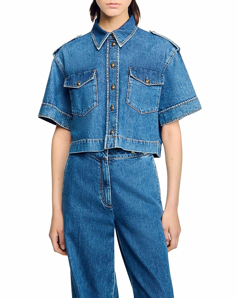 Sandro Cropped Denim Shirt In Blue