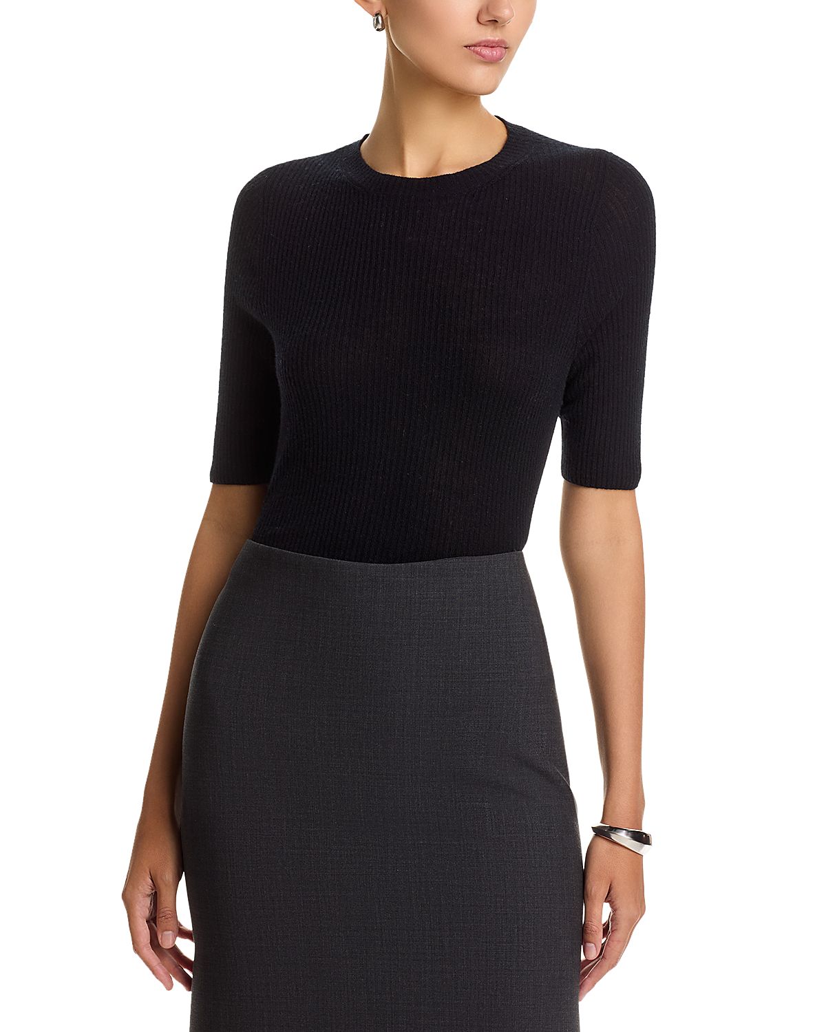 Fabiana Filippi Platinum Wool Blend Ribbed Elbow Sleeve Sweater