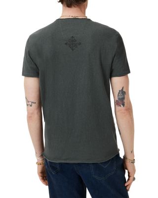 Regular Fit Embroidered Raw Edge V Neck Tee