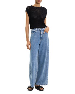 High Waisted Wide Leg Jeans in Ice Blue Cotton-Blend