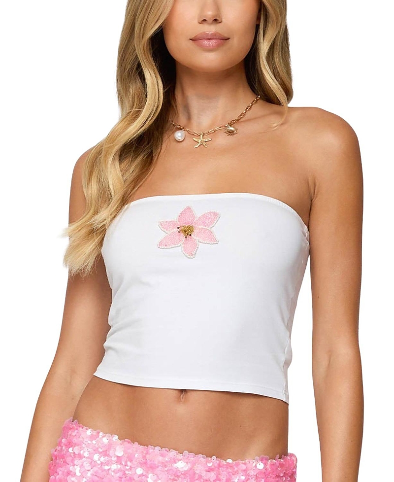 Edikted Luli Beaded Flower Tube Top In White