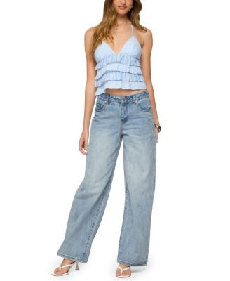 Tiered Ruffle Backless Striped Halter Top