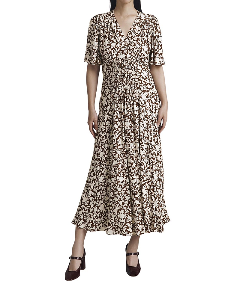 Ghost London Minnie Crepe Printed Shirred Tea Dress In Animal Print
