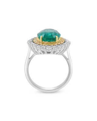 Emerald Double Halo Ring with White & Yellow Diamonds in 18K Yellow & White Gold