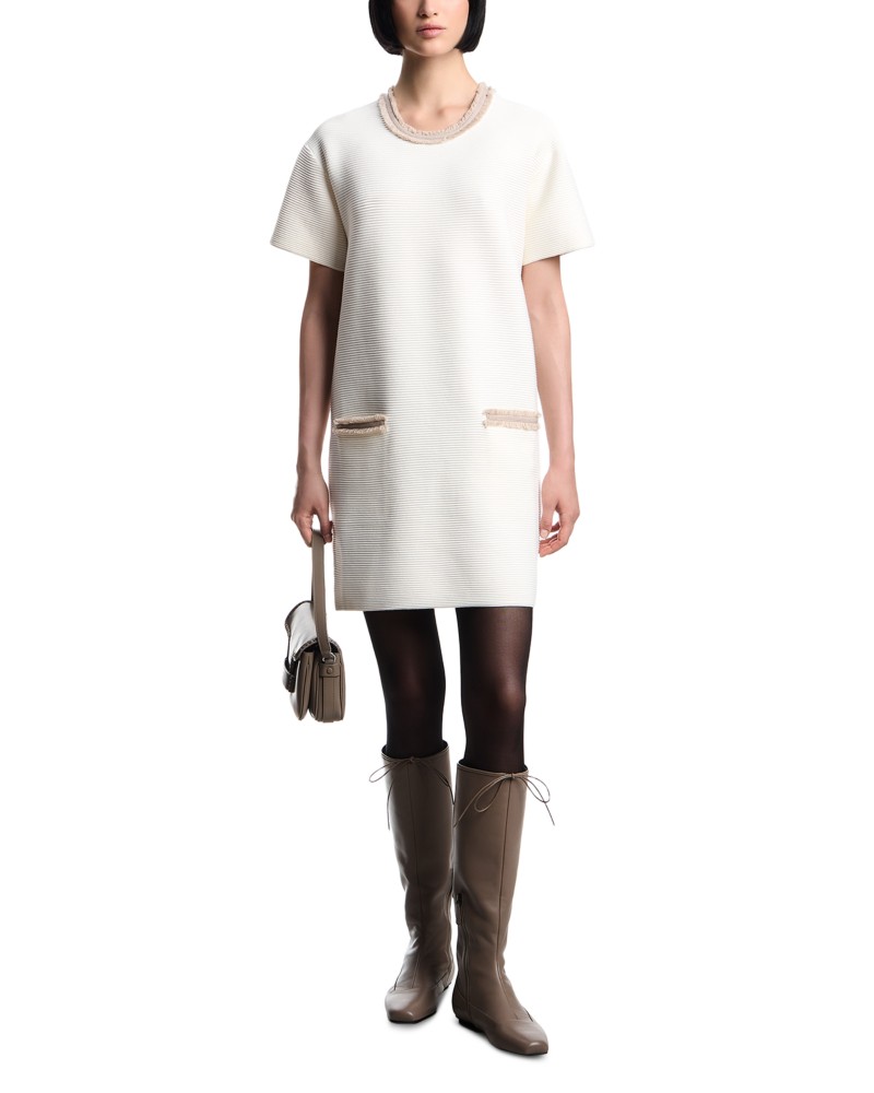 Emporio Armani Ottoman Stitch Knit Dress with Fringe Details in Off White