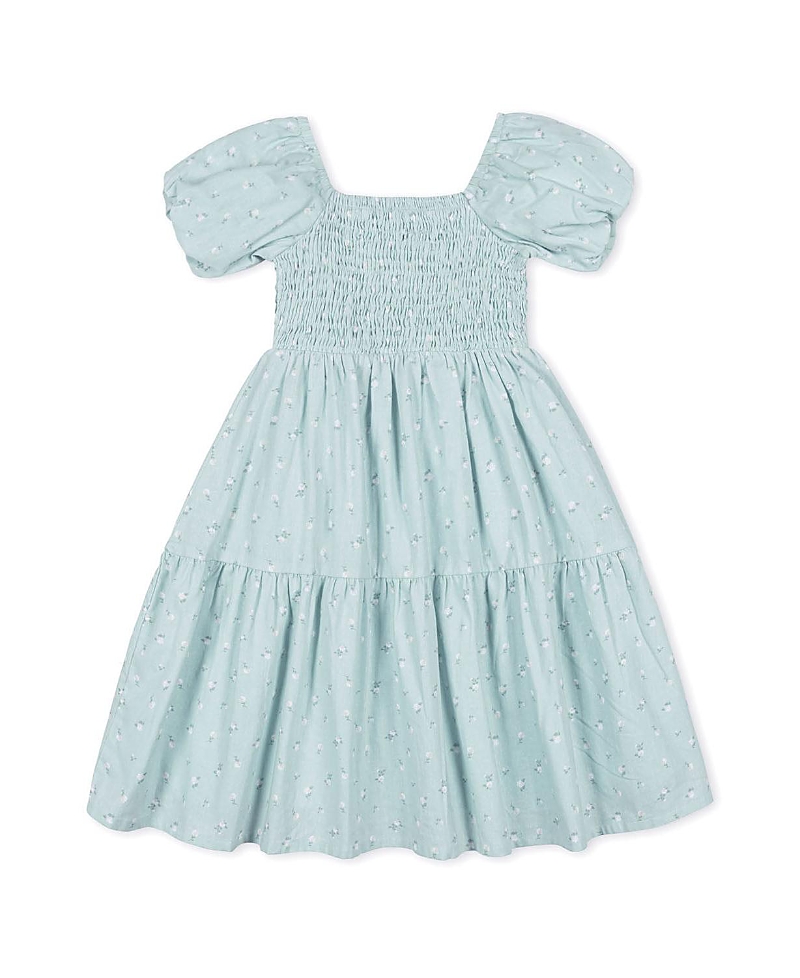 Hope & Henry Girls' Linen Smocked Short Bubble Sleeve Dress - Little Kid, Big Kid