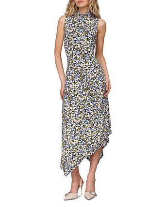 Printed Mock Neck Asymmetric Midi Dress