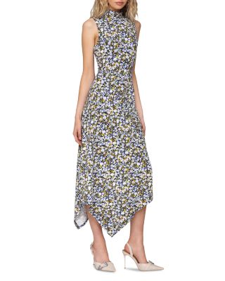 Printed Mock Neck Asymmetric Midi Dress