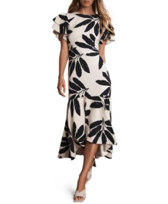 Women's Neutral Palm Print Midi Dress