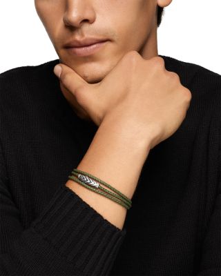 Men's Chevron Triple Wrap Bracelet in Green Leather with Sterling Silver, 3mm