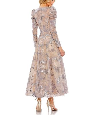 Embellished High Neck Puff Sleeve A-Line Dress