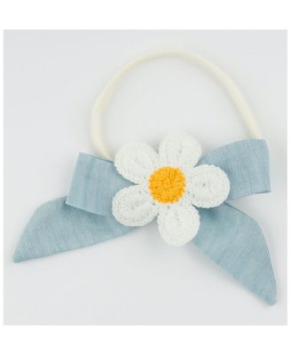 Tie Bow Headband - Crochet Daisy in Denim - Baby