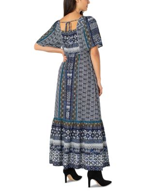 Printed Square Neck Elbow Sleeve Maxi Dress