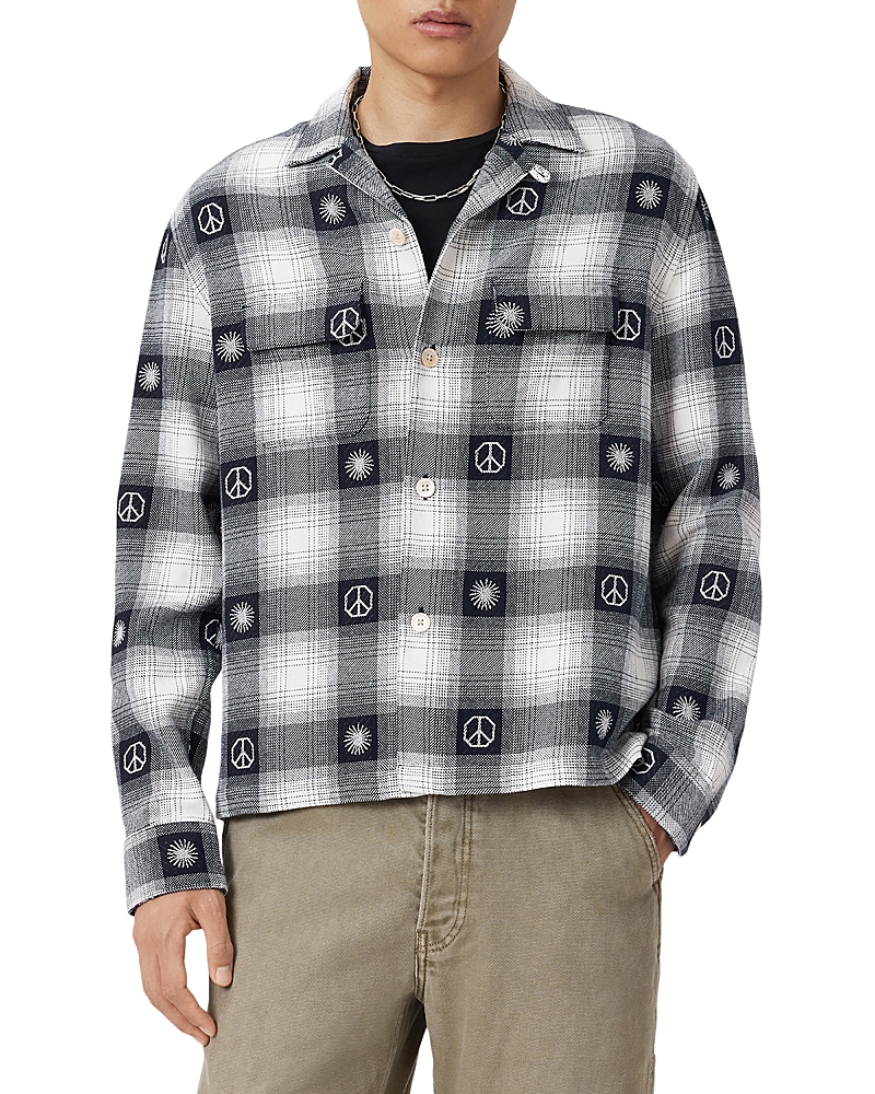 Allsaints Mens Peacoat Blue Castor Cuban-collar Checked Cotton Shirt Xs In Gray