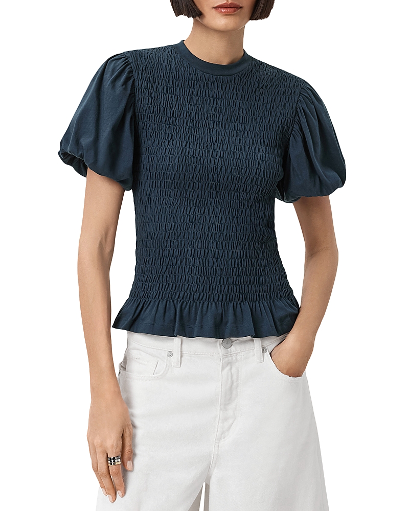 Allsaints Womens Midnight Blue Dael Puff-sleeve Slim-fit Smocked Stretch-woven Top Xs In Blue