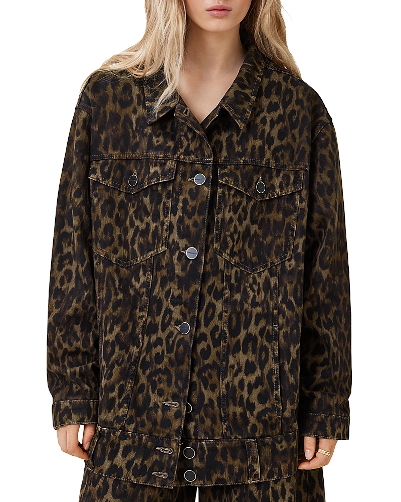 Allsaints Womens Leppo Brown Leopard-print Relaxed-fit Denim Jacket In Multi