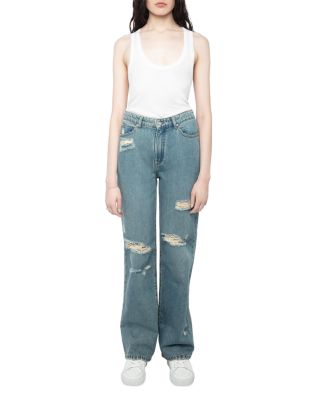 Elio High Rise Distress Jeans in Light Blue