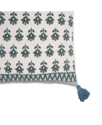 Blossom Printed Cotton Tassel 20 Inch Accent Cushion in Blue
