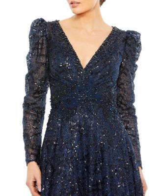 Embellished V-Neck Long Sleeve A Line Gown