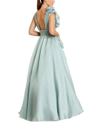Ruffle Shoulder V-Neck Chiffon Gown