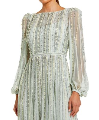 Boat Neck Long Sleeve Gown with Striped Beading