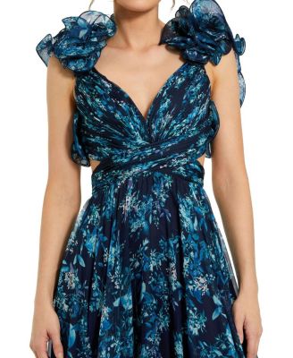  Women's Ruffle Tiered Floral Cut-Out Chiffon Gown