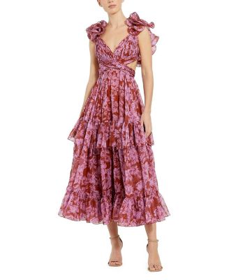 Floral Ruffle Tiered Cut-Out Chiffon Dress