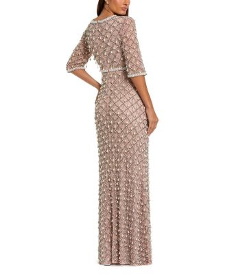 3/4 Sleeve Pearl Embellished Mesh Gown