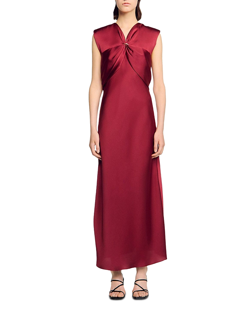 Sandro Womens Bordeaux V-neck Sleeveless Satin Maxi Dress In Burgundy