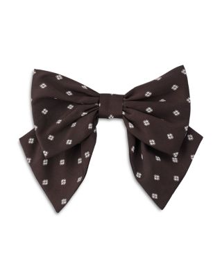 Printed Mini Dress, Silk Tie Shirt, Scarf Print Maxi Skirt, Satin Bow Barrette, & Patterned Scrunchie