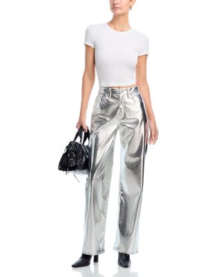 Logan Faux Leather Wide Leg Jeans in Silver