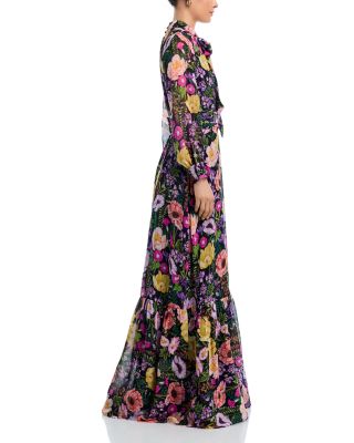 Floral Print Tie Neck Chiffon Gown