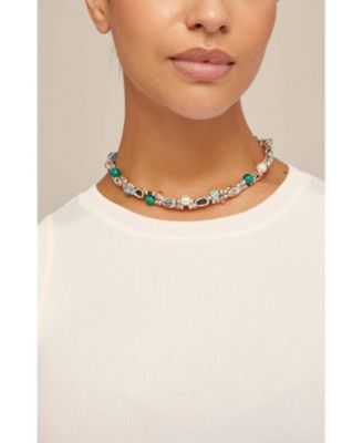 Short Double Leather Strap Necklace with Sterling Silver-Plated Links