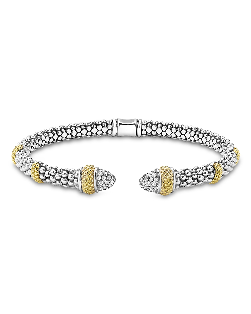 Lagos 18k Yellow Gold & Sterling Silver Caviar Lux Diamond Beaded Cuff Bracelet In Silver
