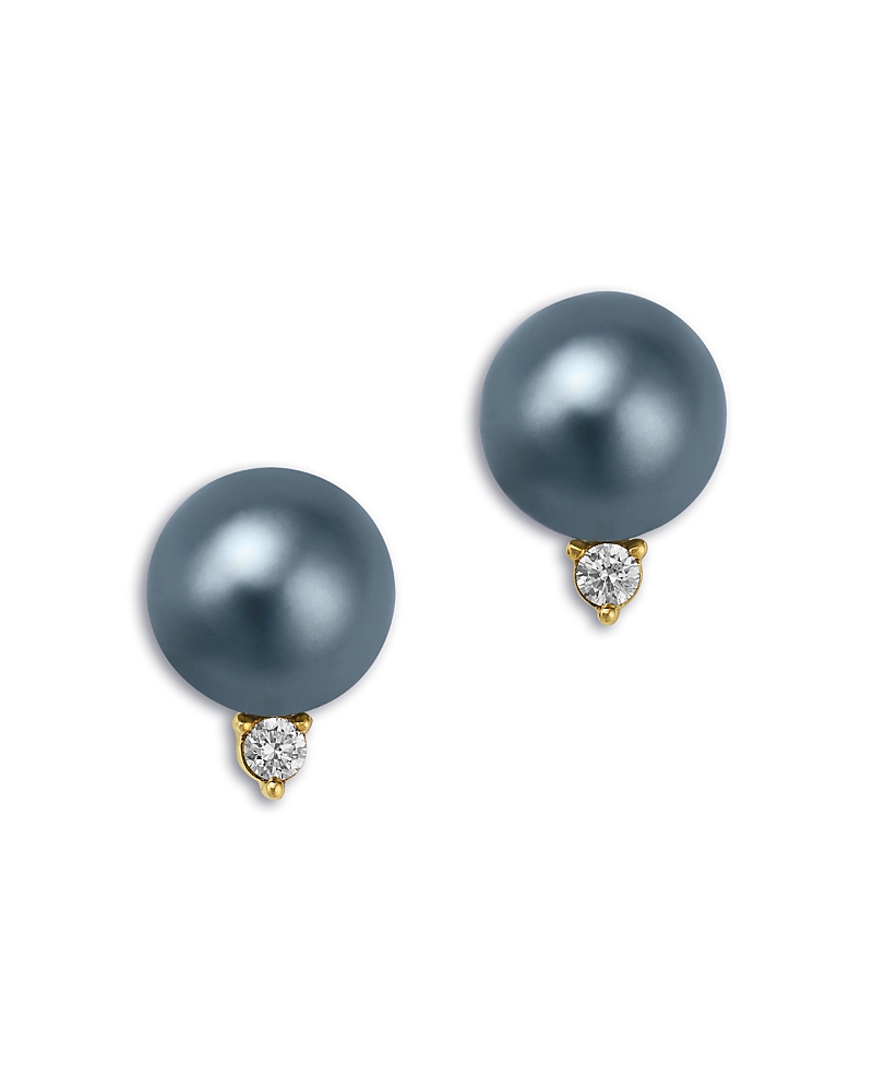 Bloomingdale's Fine Collection Lab Grown Diamond & Cultured Tahitian Black Pearl Earrings In 14k Yellow Gold, 0.10 Tcw In Black