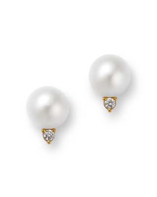 Diamond & Cultured Freshwater Pearl Stud Earrings in 14K Yellow Gold, 0.10 tcw