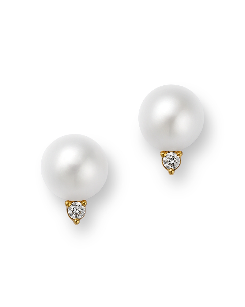 Bloomingdale's Fine Collection Lab Grown Diamond & Cultured Freshwater Pearl Stud Earrings in 14K Yellow Gold, 0.10 tcw