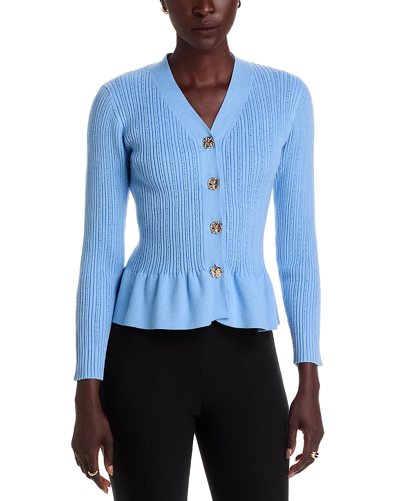Nancy Yang Peplum Cardigan In Blue