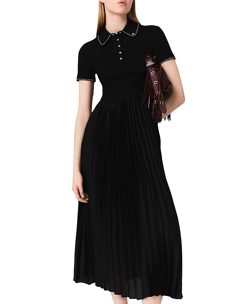 Maje Womens Black Polo-collar Knitted And Woven Maxi Dress In Black
