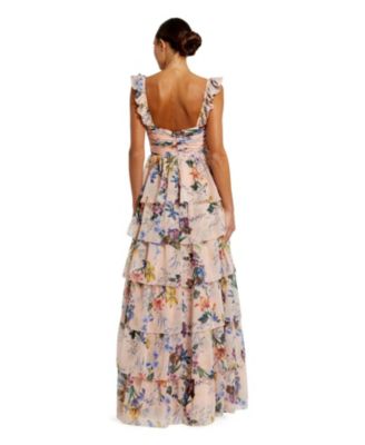 Ruffle Sleeveless Chiffon Tiered Floral Print Gown
