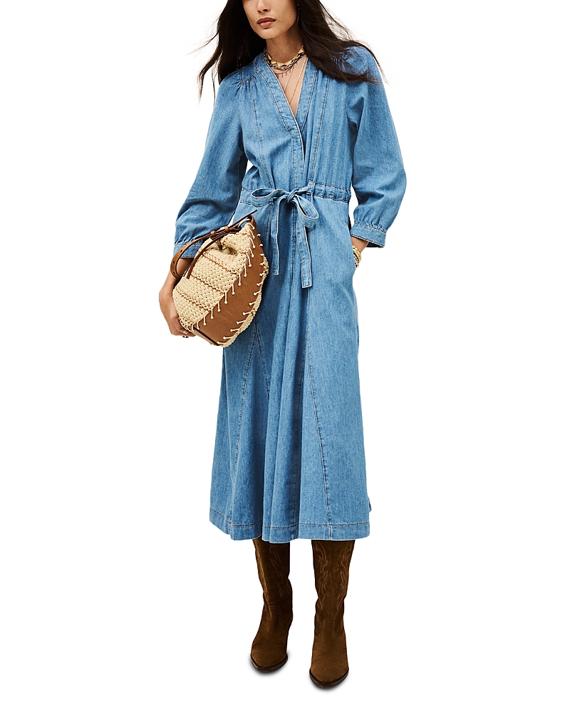Ba&sh Belted V-neck Denim Dress In Blue