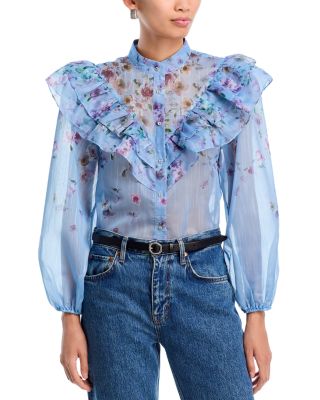 Placed Floral Ruffled Long Sleeve Blouse - Exclusive