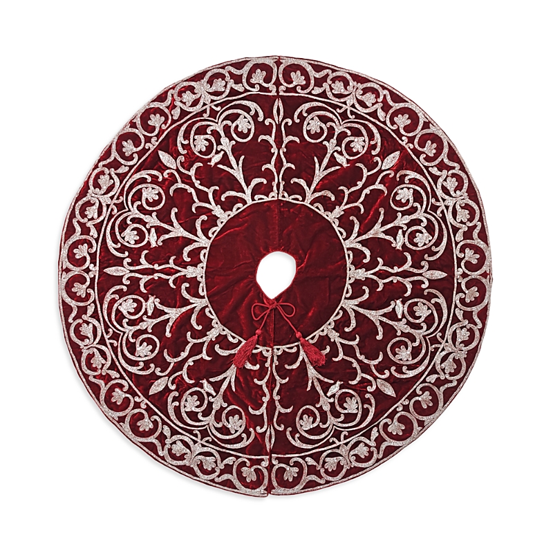 Sudha Pennathur Red Velvet Tree Skirt With Silver Beading, 60 In Red