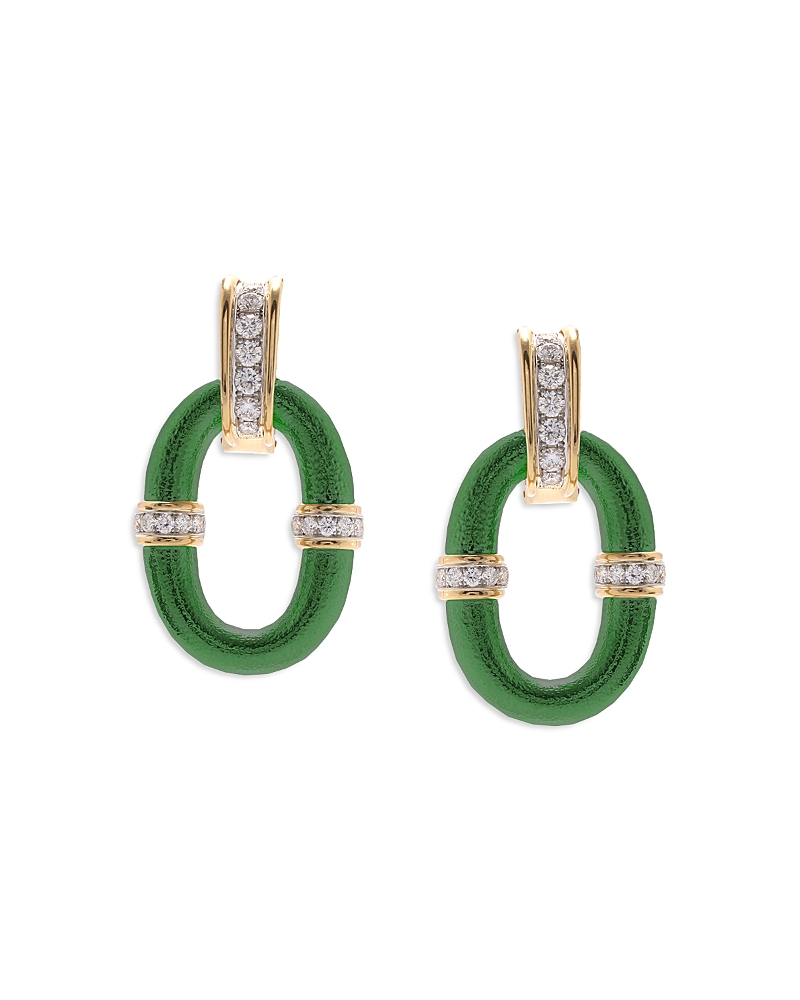 David Webb Diamond Enamel Oval Link Earrings In 18k Yellow Gold & Platinum In Green