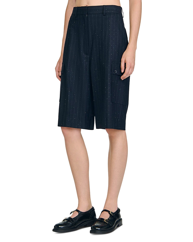 Sandro Rhinestone Pinstripe Long Shorts In Blue