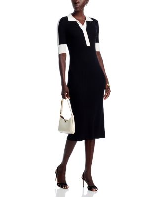 Elbow Sleeve Split V Neck Collar Rib Dress with Contrast Trim