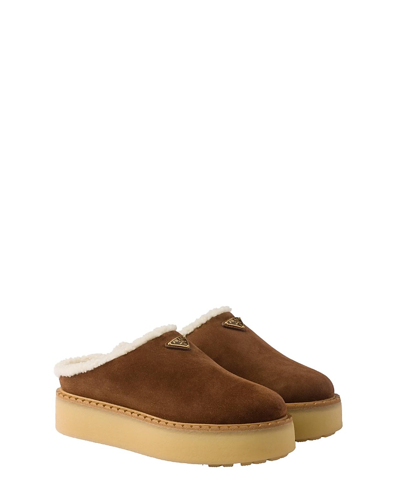 Prada Suede Shearling Cozy Platform Mules In Brown