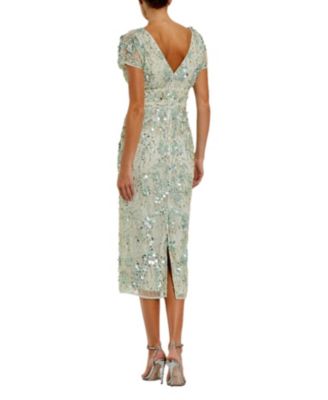  Embellished Mesh Cap Sleeve Midi Dress