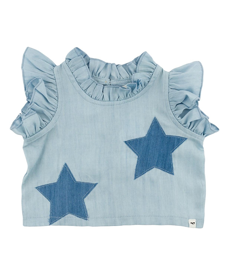 oh baby! Girls' Lola Stars Applique with Ruffle Lyocell Denim Blouse - Baby, Little Kid